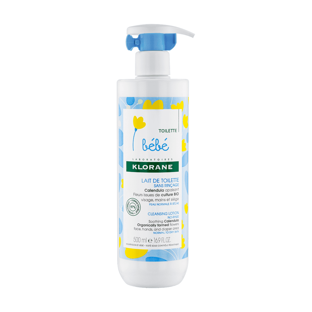 Klorane – Lait de toilette sans rinçage au Calendula apaisant – Bébé – Peau normale à sèche 500ml