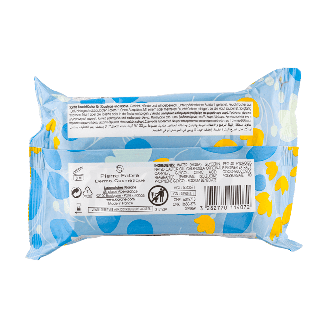 Klorane – Lingettes nettoyantes douces pour le corps au Calendula apaisant – Bébé – Peau normale à sèche 25u