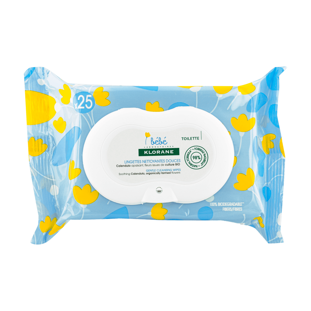 Klorane – Lingettes nettoyantes douces pour le corps au Calendula apaisant – Bébé – Peau normale à sèche 25u