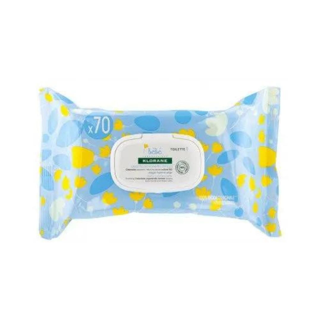 Klorane – Lingettes nettoyantes douces pour le corps au Calendula apaisant – Bébé – Peau normale à sèche 70u