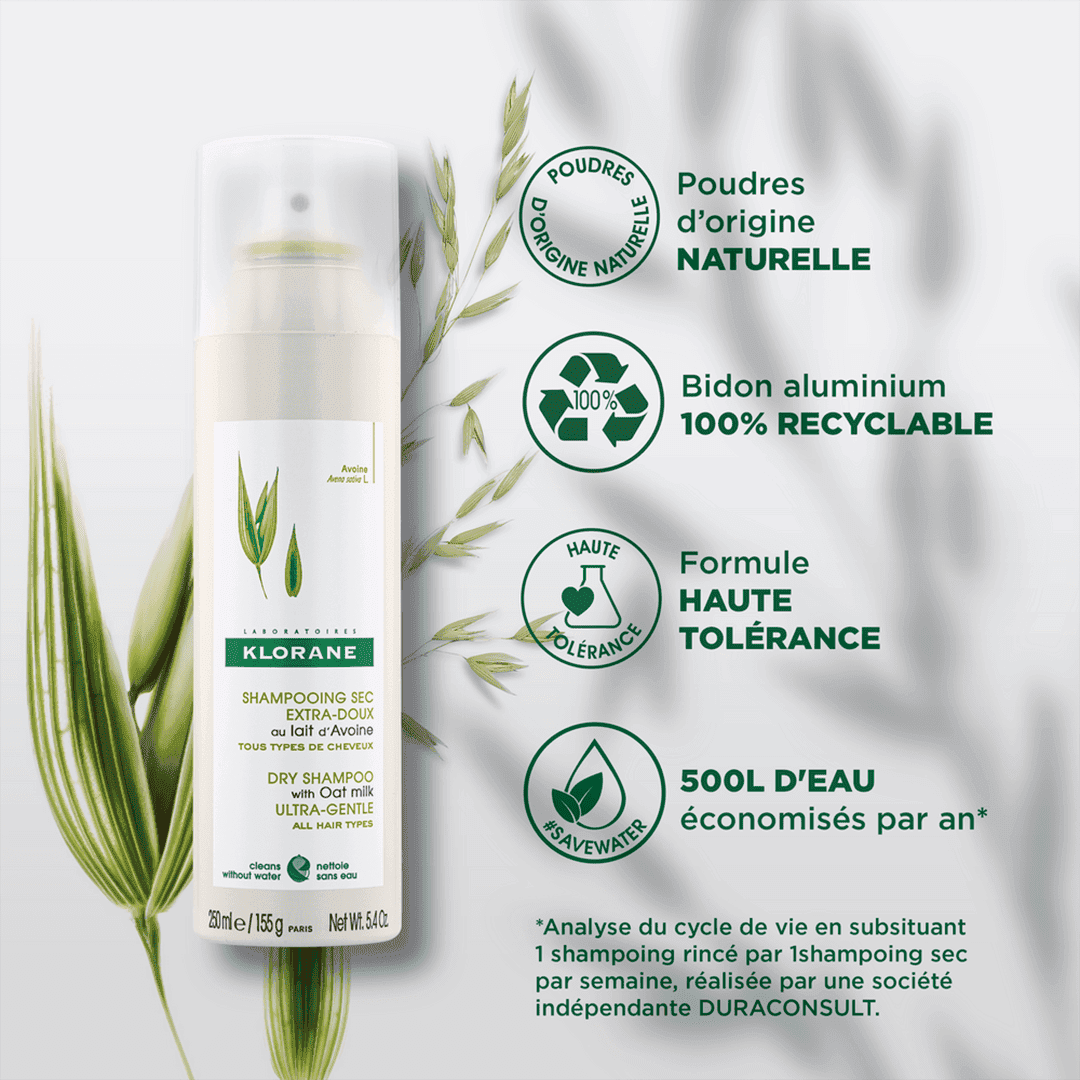 Klorane – Shampoing sec extra-doux au lait d’Avoine – L’original – Tous types de cheveux